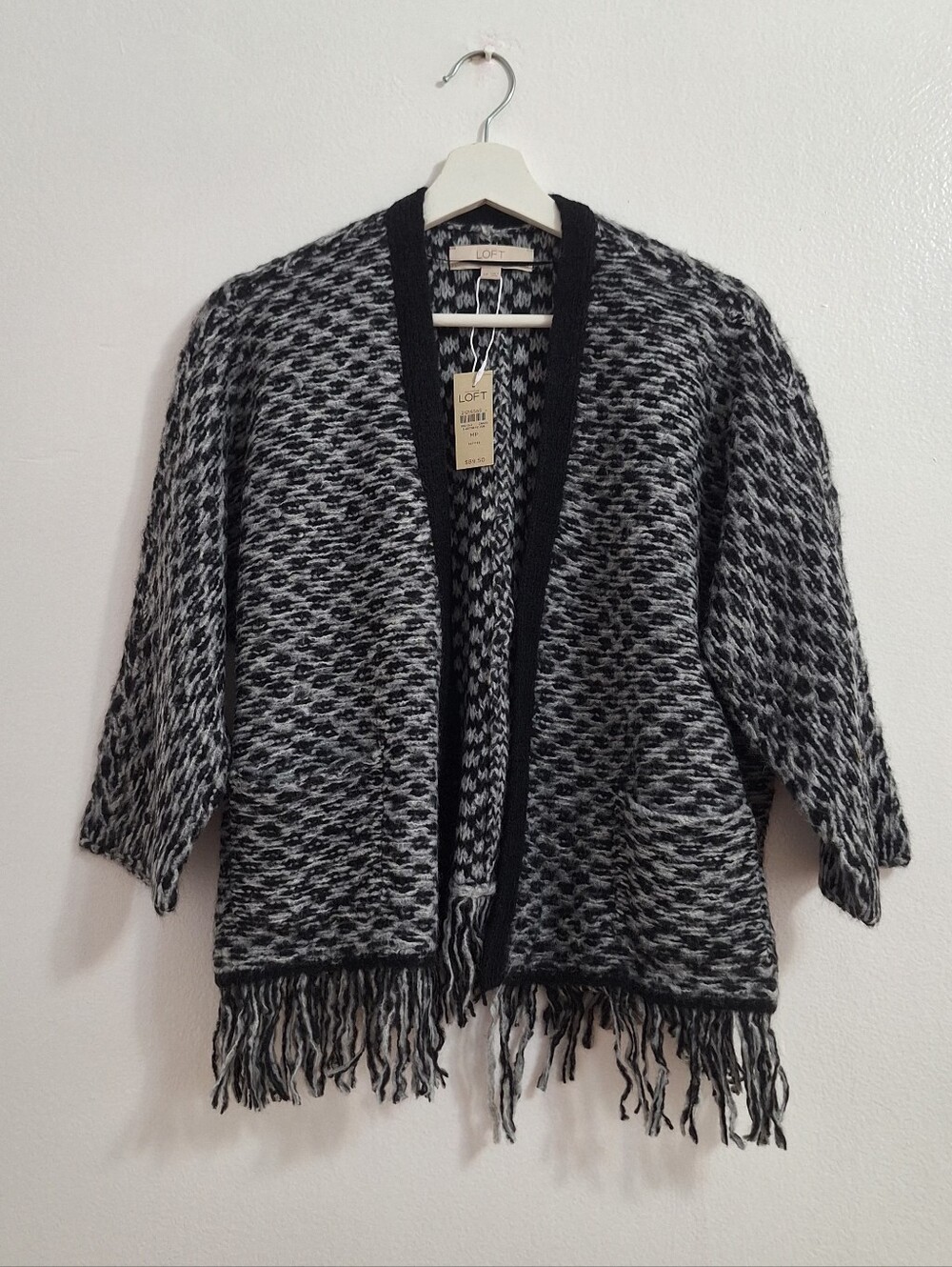 LOFT Black & White Fringe Open Wool Cardigan Sweater